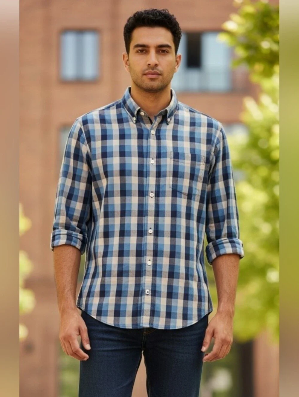 J. Crew Blue and White Check Cotton Button-Down Shirt